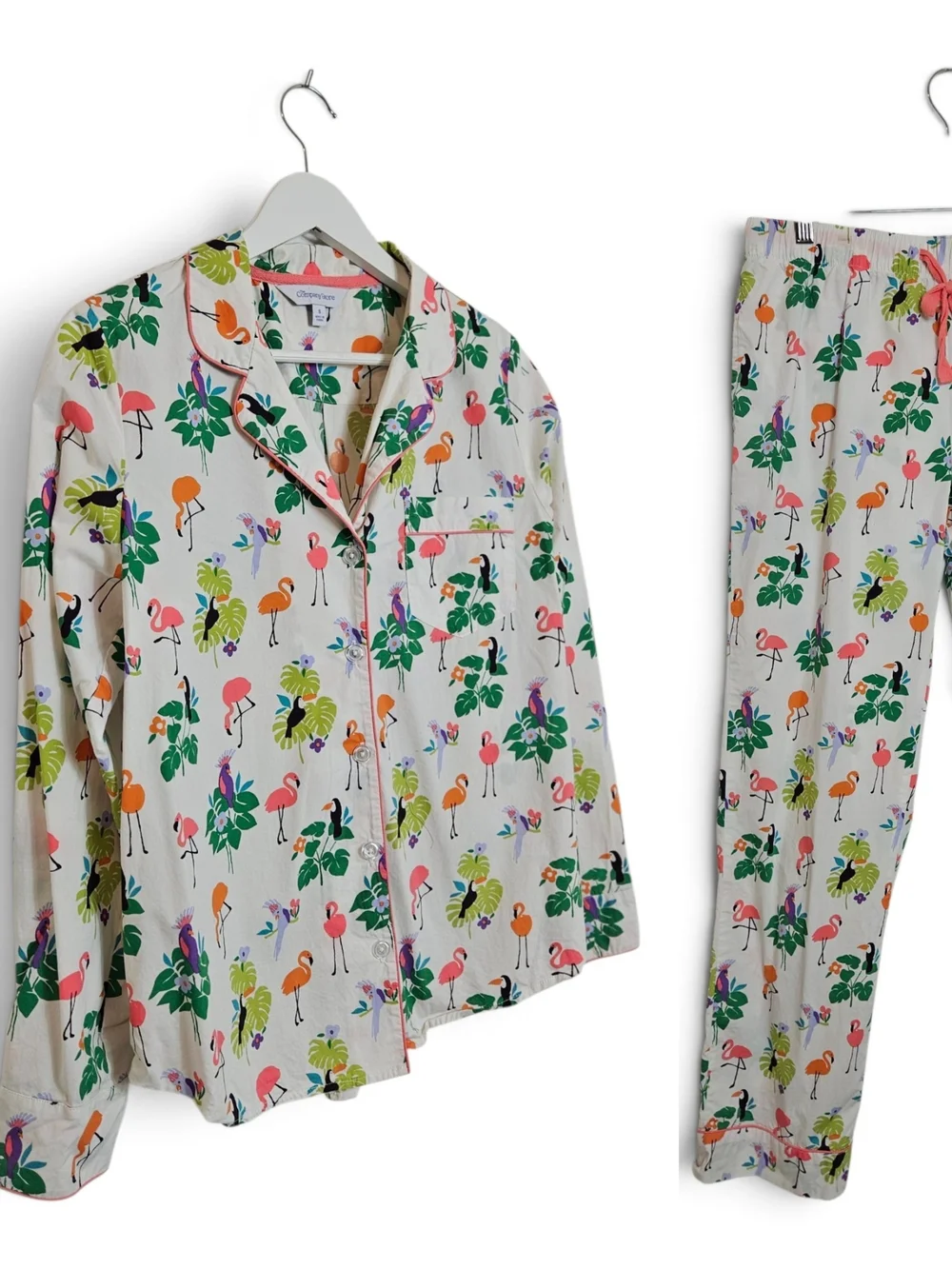 The Company Store Pajama Top S Cotton Poplin Tropical Flamingo Birds Print White